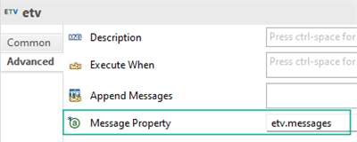 The Advanced properties panel for the etv step outlines the Message Property row, which contains the value etv.messages.