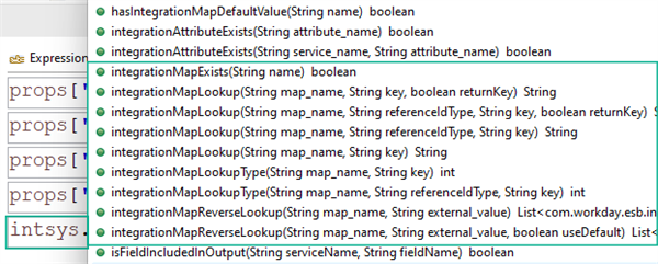 Typing "intsys." triggers a dropdown menu displaying integration mapping methods like integrationMapExists and integrationMapLookup.