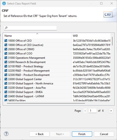 A Select Class Report Field wizard window displays a table of organization names and reference IDs returned by a custom report field.