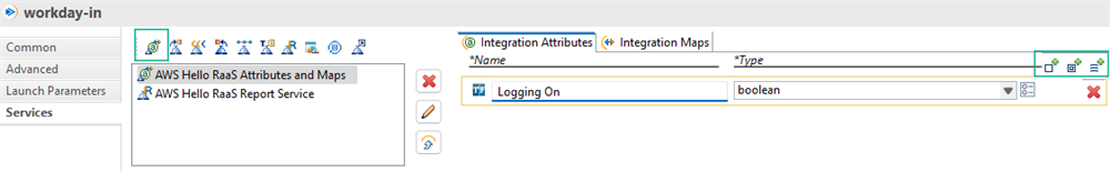 The workday-in Integration Attributes panel defines a Logging On attribute of boolean type within the selected attributes and maps service.