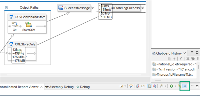The Workday Studio canvas displays performance metrics over components, highlighting the annotations button in the bottom toolbar.
