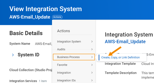 Screenshot of the integration system actions menu highlights the path to create, copy, or link a business process definition.