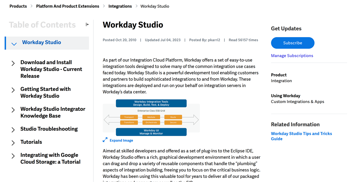 Screenshot of the Workday Studio community page presents an introductory overview paragraph alongside an architecture graphic.