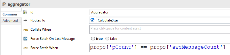 The aggregator properties panel defines advanced settings, matching the pCount property to awsMessageCount to trigger a batch operation.