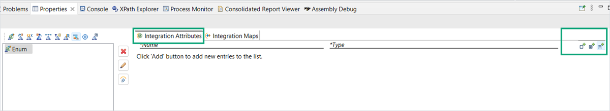 The Studio Properties tab highlights the Integration Attributes section and toolbar buttons for adding entries.