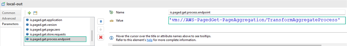 The local-out parameters panel highlights the process endpoint value set to a specific local virtual machine string route.