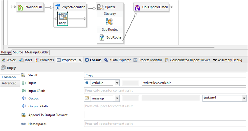 The copy step properties panel configures an input variable and sets the output format to text/xml for an integration flow component.