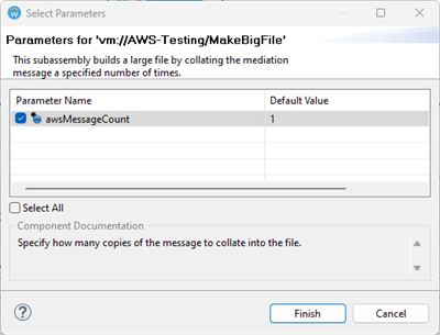 The Select Parameters wizard displays a checklist showing the awsMessageCount parameter selected with a default value of 1.