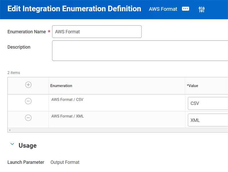 The Edit Integration Enumeration Definition interface displays a table mapping AWS Format to CSV and XML values.
