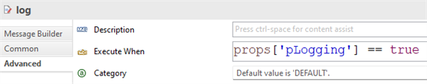 The log properties panel displays the Advanced tab, where the Execute When field contains an expression checking if pLogging equals true.