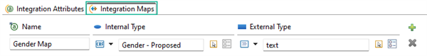 The Integration Maps view maps a Gender Map internal class report field named Gender - Proposed to a simple external text type.