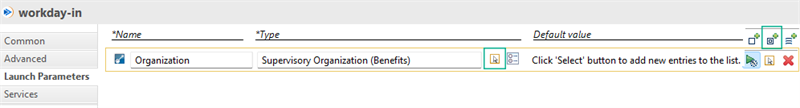 The launch parameters panel configures an Organization parameter and highlights toolbar buttons for adding reference entries.