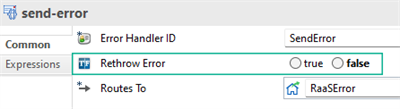 A box outlines the Rethrow Error option set to false within the send-error Common properties tab.