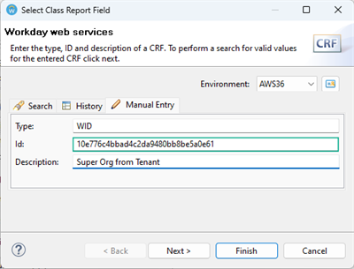The Manual Entry tab specifies a class report field by defining its type as WID and highlighting its alphanumeric unique ID string.