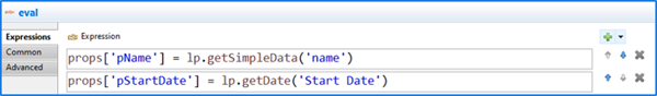 The Eval component properties panel displays two expressions that assign name and start date data to variables.