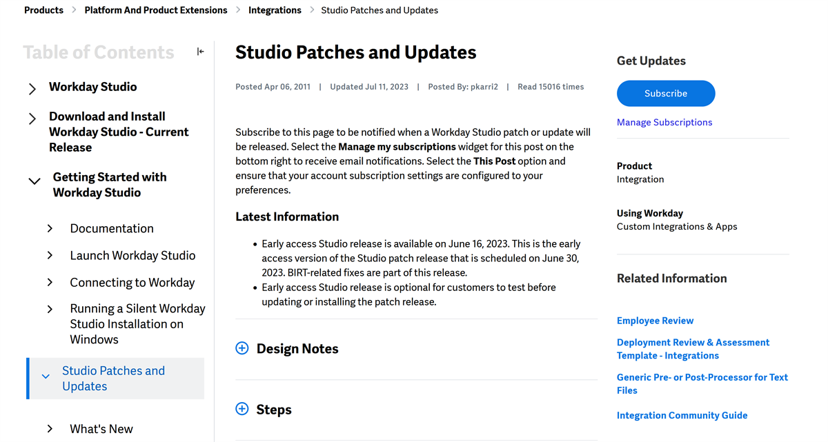 Screenshot of the Studio Patches Community page lists recent release notes, steps, and design details.