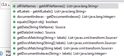 Code completion dropdown displays available Java methods like getAllFileNames and getData for an object.