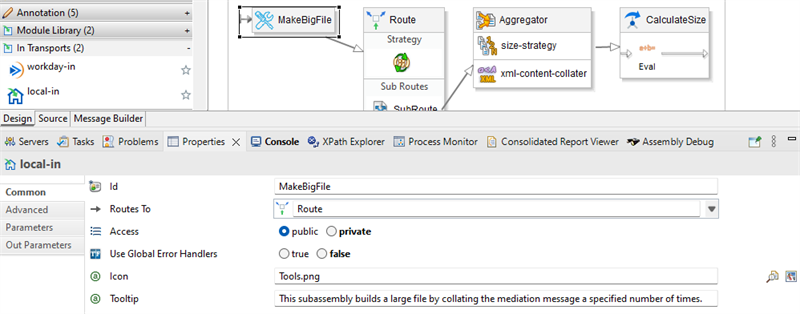 The local-in properties panel sets the ID to MakeBigFile with public access and global error handlers set to false.
