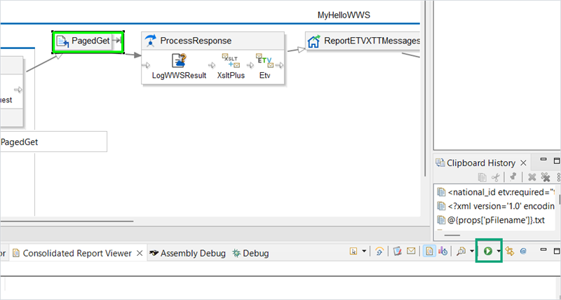 The Workday Studio canvas highlights the PagedGet component while a green box outlines the Replay button in the bottom toolbar.
