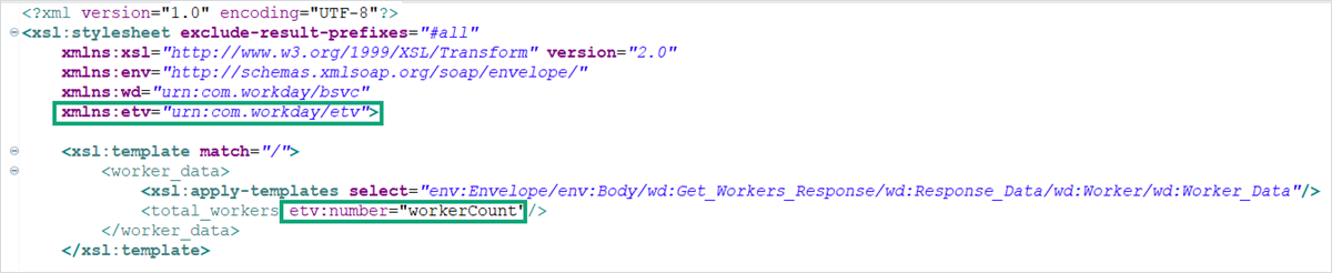 XSLT source code highlights the etv namespace declaration and an etv number attribute mapped to workerCount.