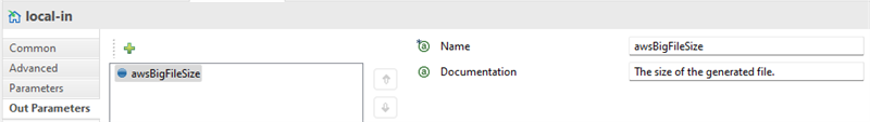 The local-in Out Parameters view configures the name and documentation text for the awsBigFileSize parameter.