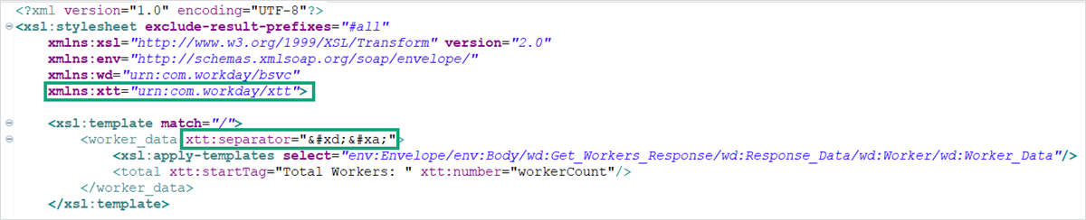 XSLT code highlights the xtt namespace integration and specifies a carriage return line feed character value string for the xtt separator.