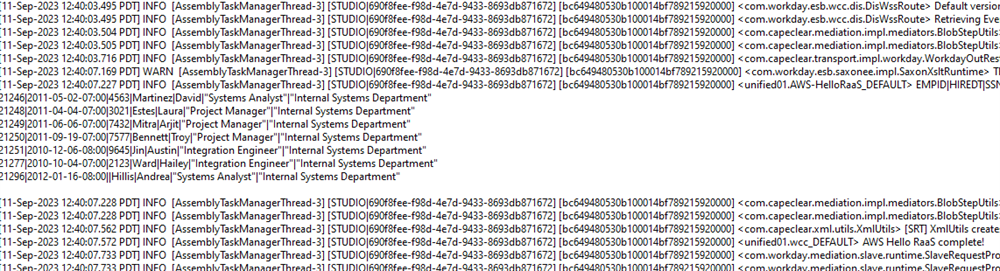 A system log view displays timestamped application tracking data alongside raw, pipe-delimited worker records.