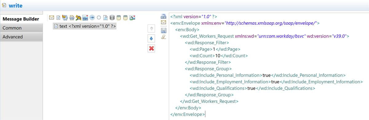 Screenshot of the Message Builder panel displays editable XML code configuring a Get_Workers_Request inside a standard SOAP envelope body.
