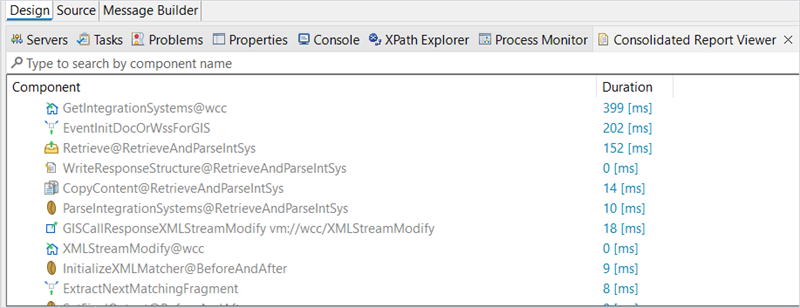 The Consolidated Report Viewer tab lists integration components alongside their execution durations in milliseconds.