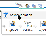 A box highlights local error handler icons hovering directly above the AsyncMediation component step.