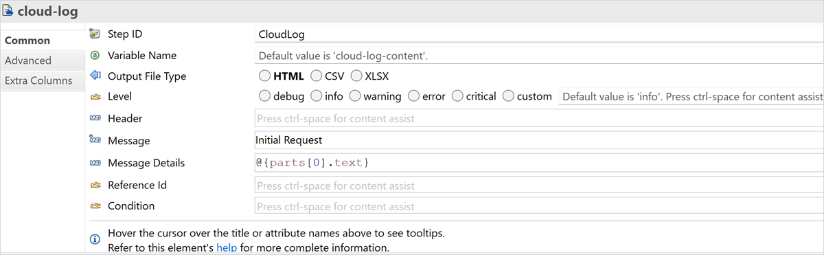 The cloud-log properties panel configures the CloudLog component to output an HTML file with specified message details.