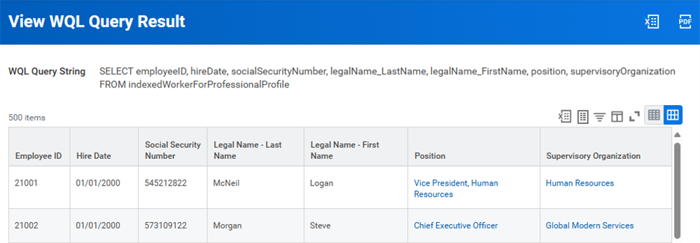 The View WQL Query Result window displays a tabular list of employee records generated by a custom SQL-like worker profile query string.