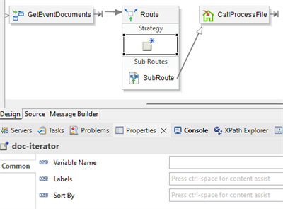 An assembly flow routes GetEventDocuments into a Route block configured with a doc-iterator strategy to call process files.