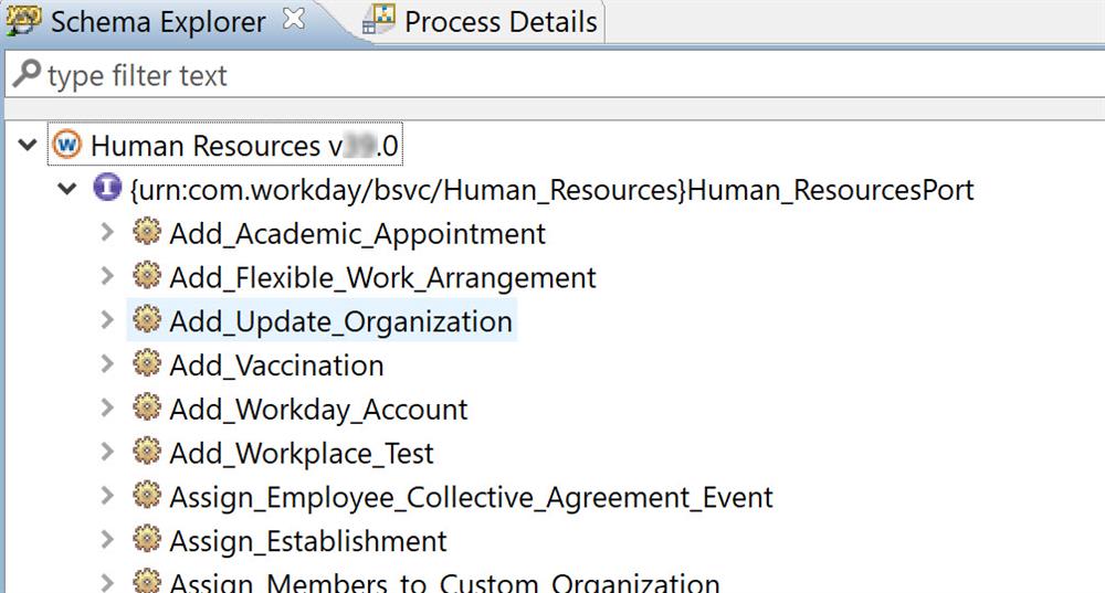 Screenshot of the Schema Explorer tab displays a hierarchical list of Human Resources v39.0 operations, highlighting Add_Update_Organization.