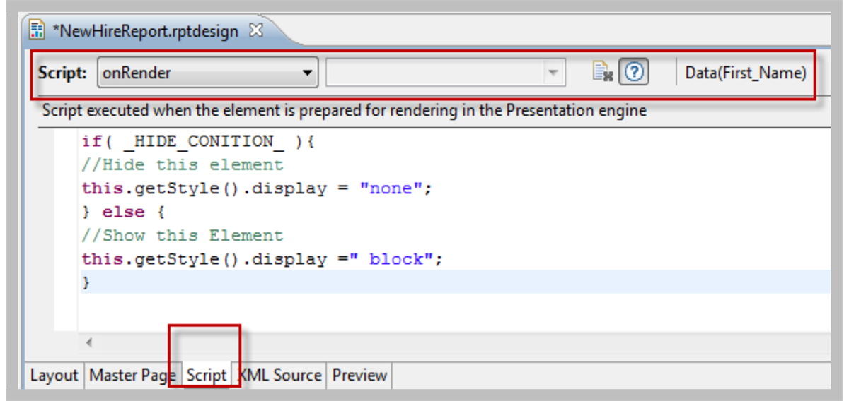 The Script tab with the onRender option selected.