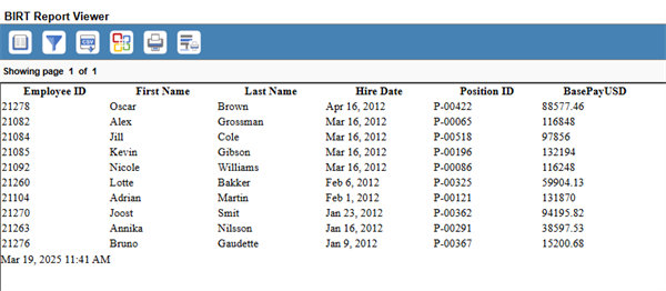 Screenshot of a report preview in the BIRT Report Viewer, including the columns: Employee ID, First Name, last Name, Hire Date, Position ID, and BasePayUSD.