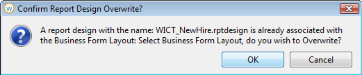 Screenshot of the Confirm Report Design Overwrite prompt.