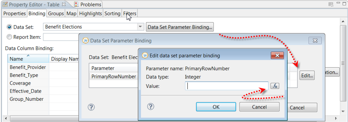 The Binding tab of the Property Editor - Table window, displaying the option to edit data set parameter binding.