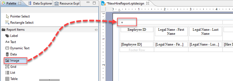 Screenshot that shows dragging an image report item from the Palette to the first grid column in the main window.