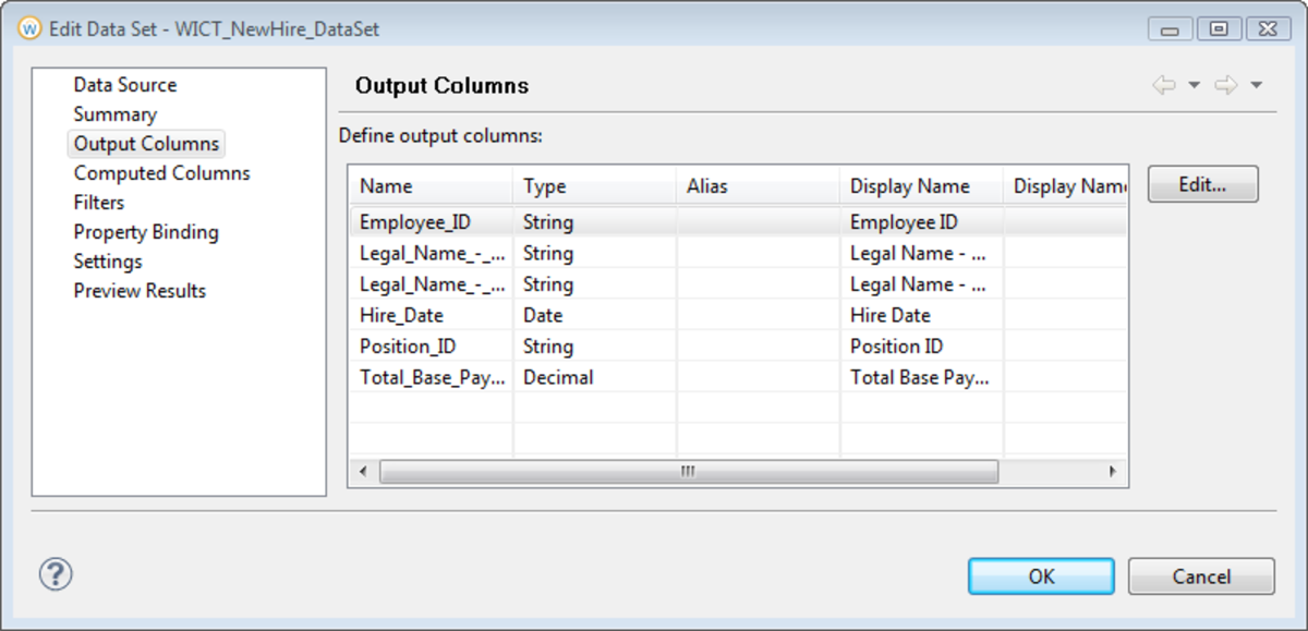 Screenshot of the Edit Data Set window with the Output Columns option selected.