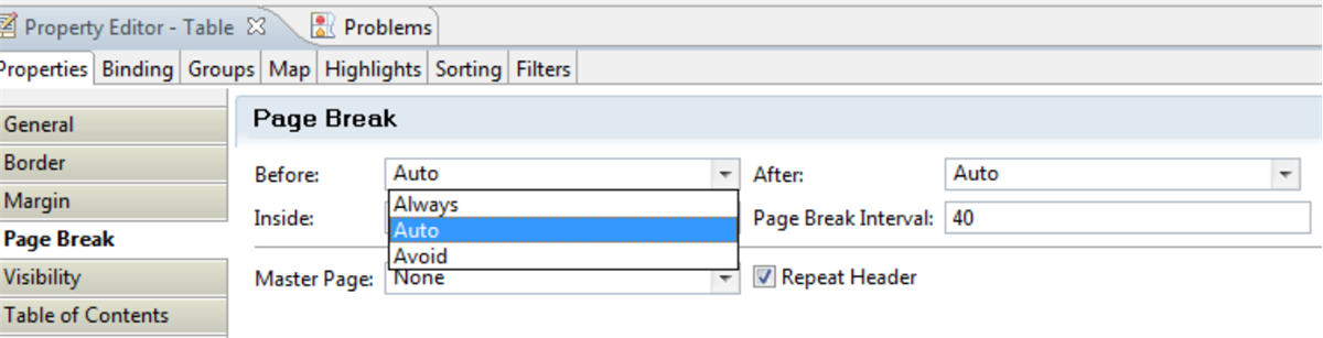 The Table Properties > Page Break tab with selection options displayed.