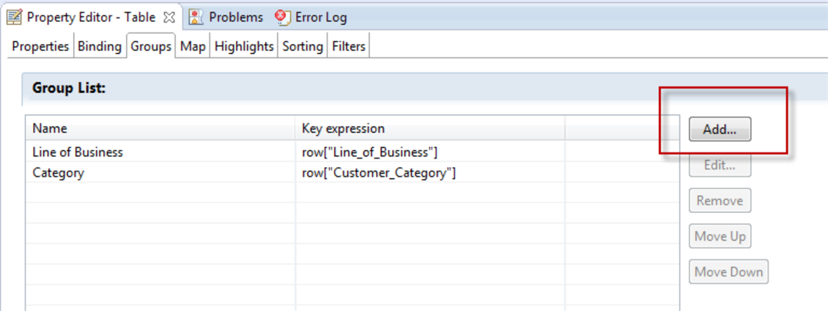The Property Editor - Table > Groups tab with the Add button highlighted.
