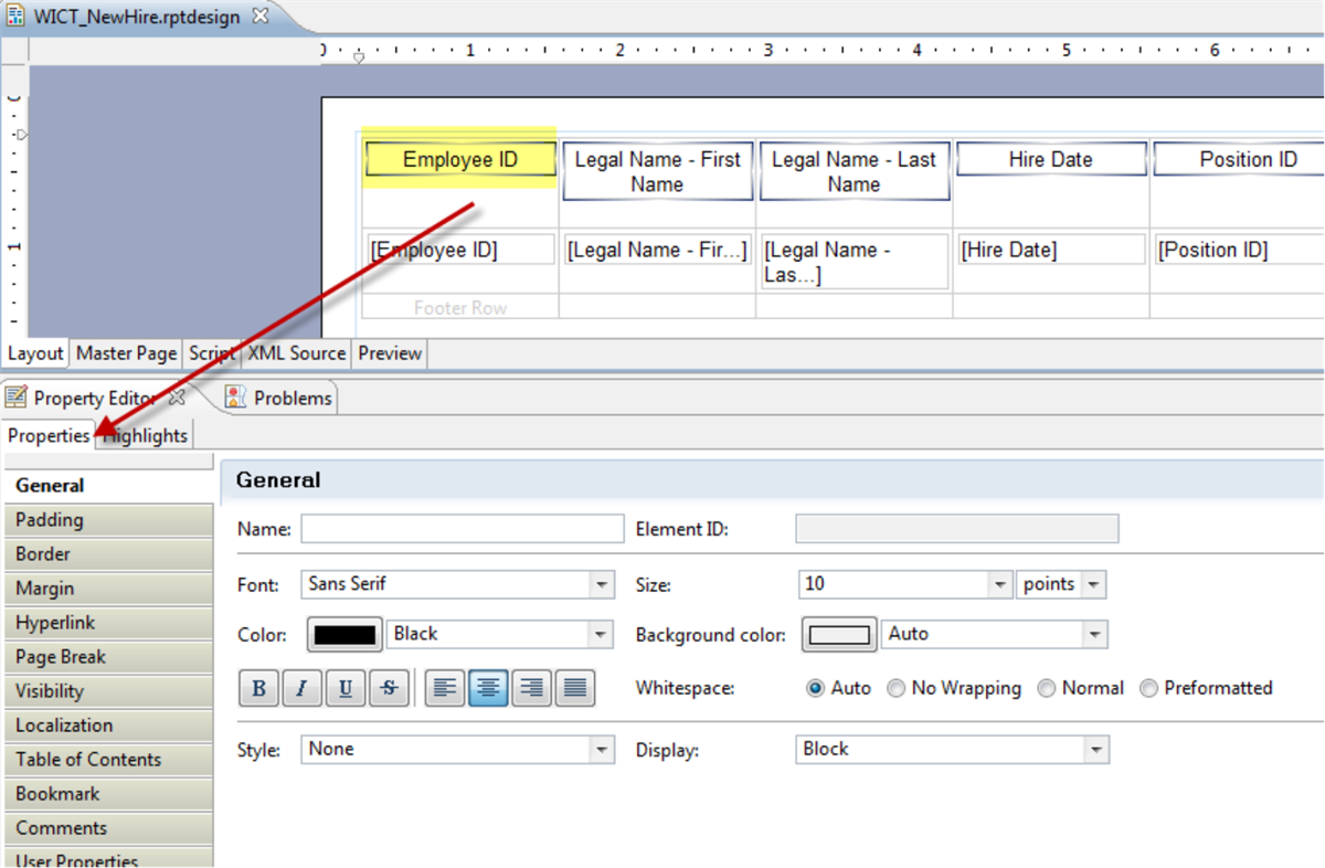 Screenshot of the Property Editor formatting options for the Employee ID field selected on the report.