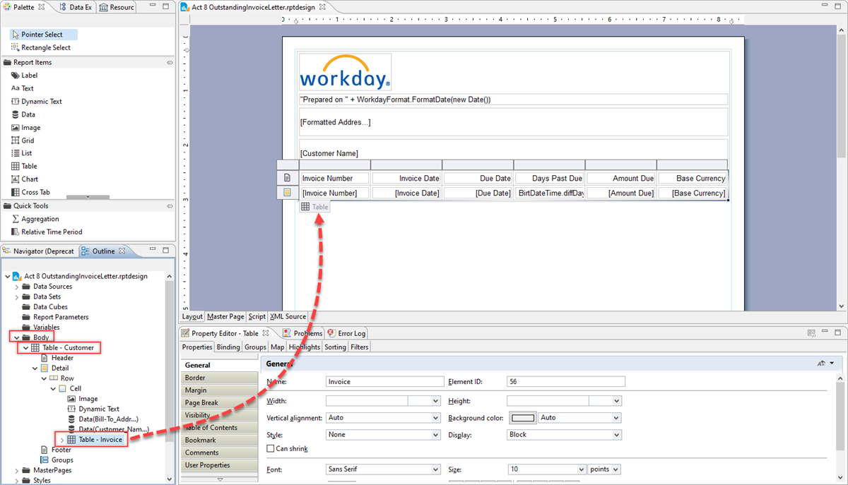 Using the Outline tab to select page elements. The report shows the invoice table.
