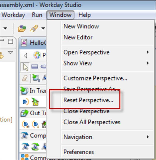 Screenshot of the Window > Reset Perspective option.