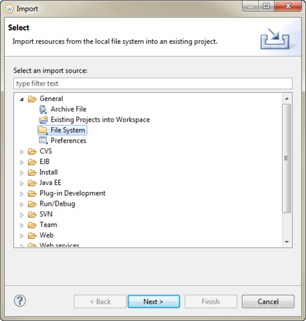 The Import window with General > File System selected.