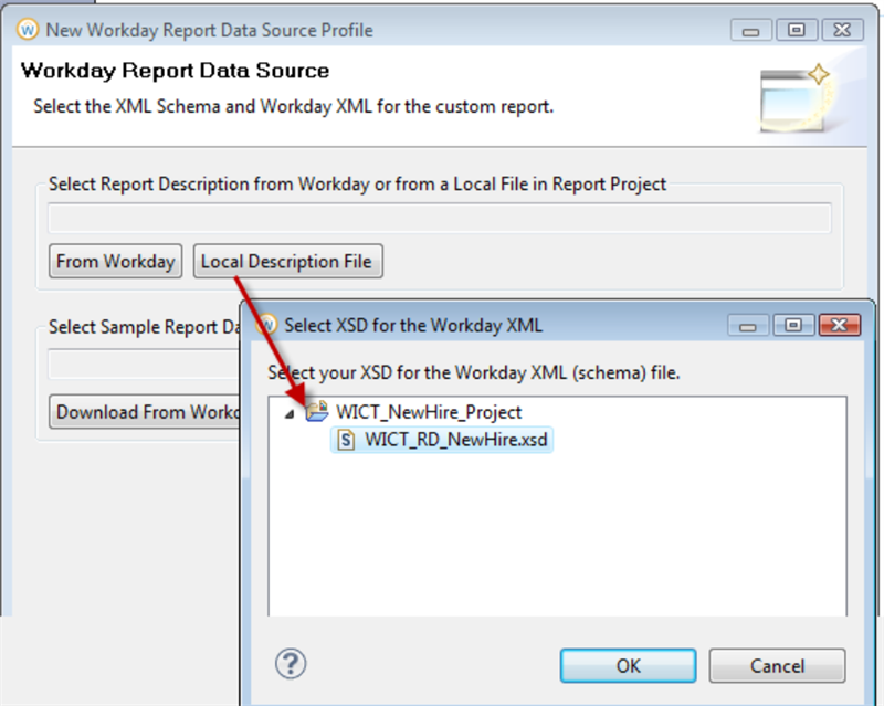 Screenshot of the New Workday Report Data Source Profile window, with the option to choose a local file selected.