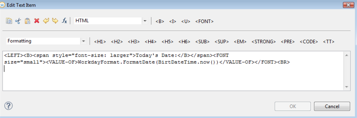 Edit Text Item with text elements and HTML tags entered in the editor window.