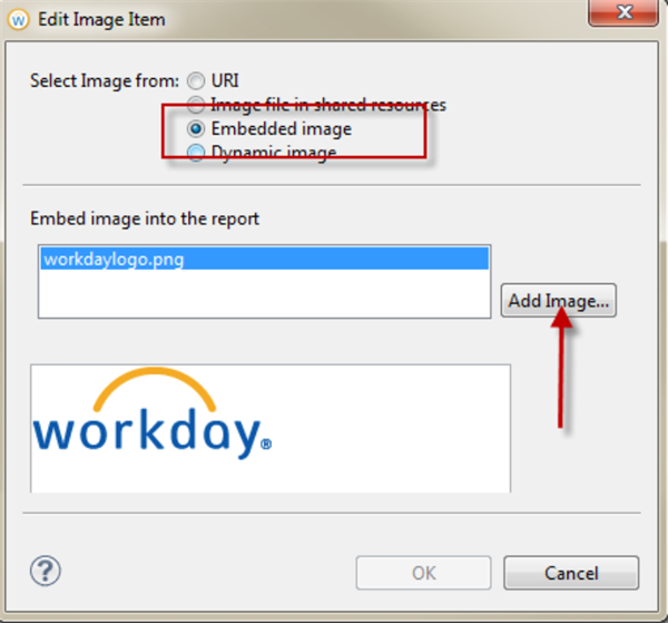 Screenshot of the Edit Image Item window that appears when you drop an icon onto the report layout. In the image, the embedded image option is selected.