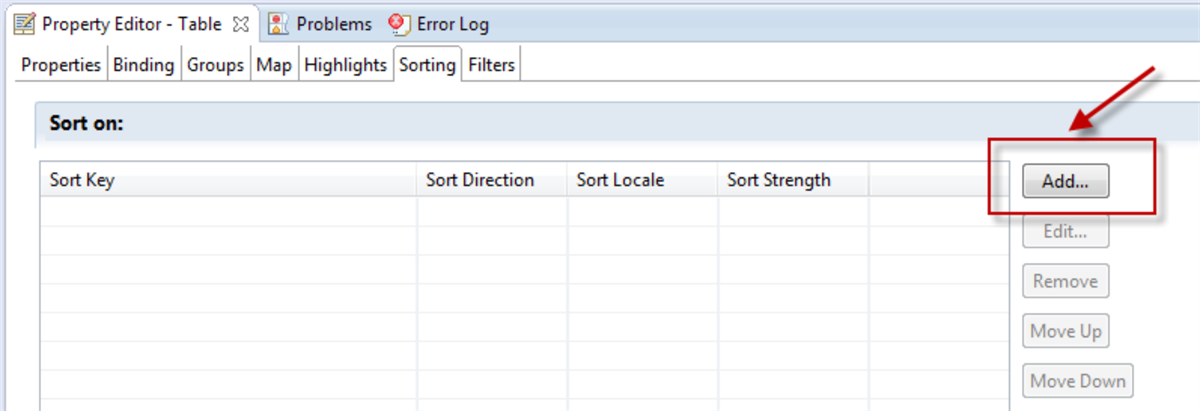 The Property Editor - Table > Sorting tab with the Add button highlighted.